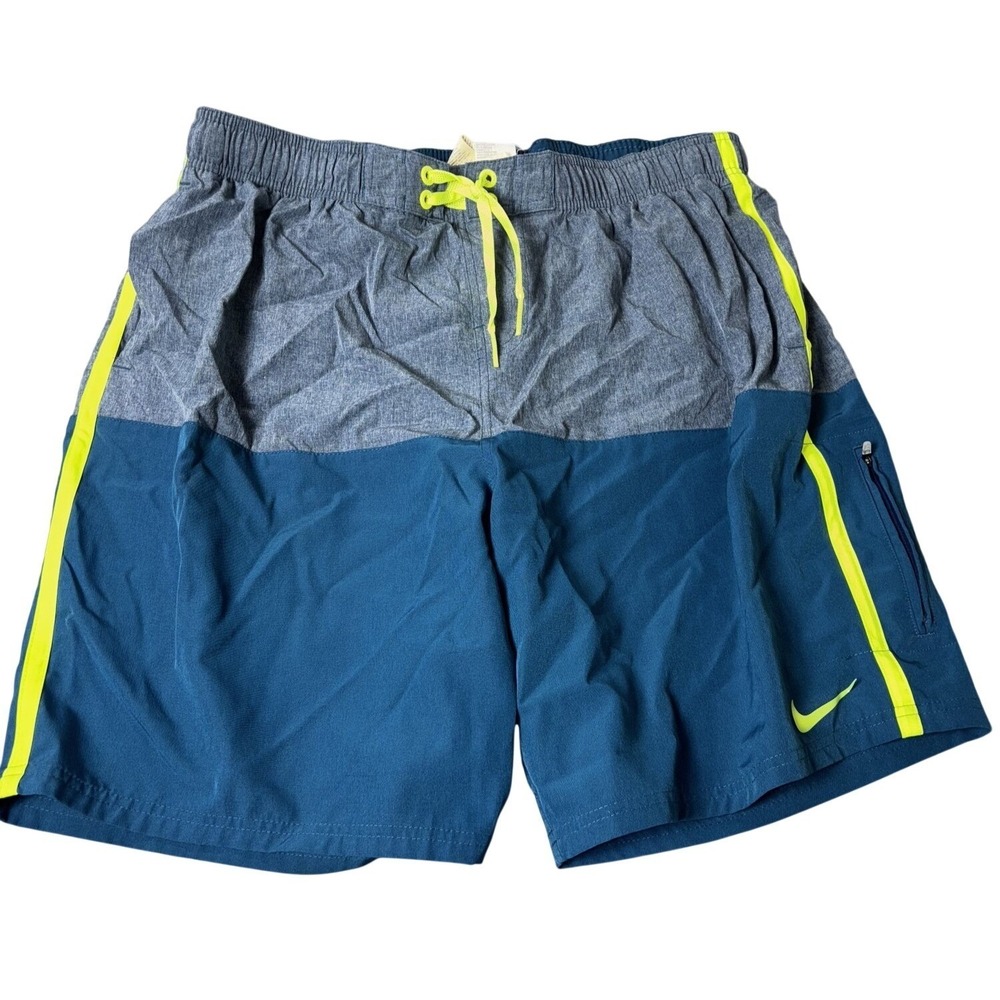 Nike Swim Board Shorts Mens XL Blue Yellow Lined Quick Dry Zip Pocket Relax